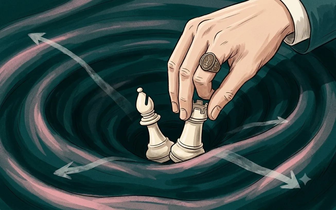 A close view of a hand reaching toward the chess pieces, evoking the daring sacrifice