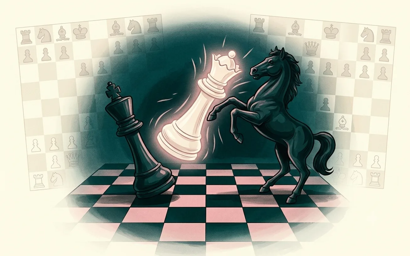 Chess pieces dramatically lit on a board, suggesting the final queen sacrifice