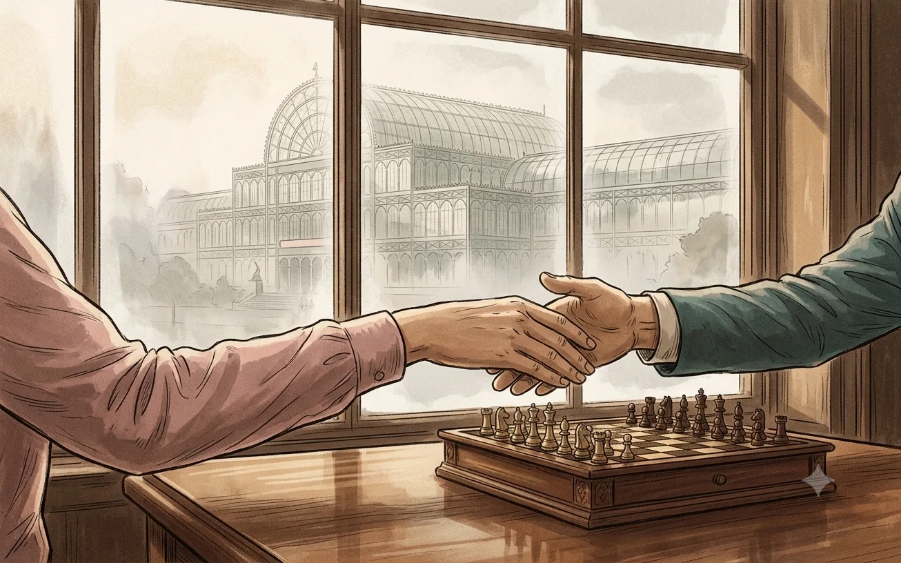 An imagined Victorian chess room, with two players facing each other over a chessboard