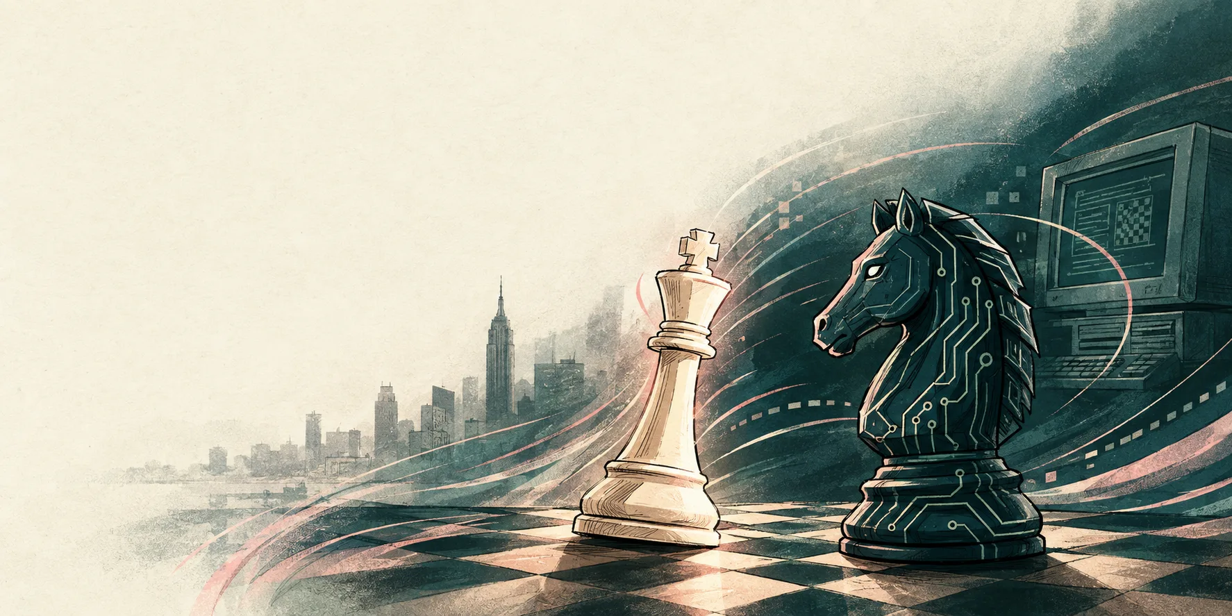 An artistic chessboard linking a traditional white king with a circuit-patterned black knight