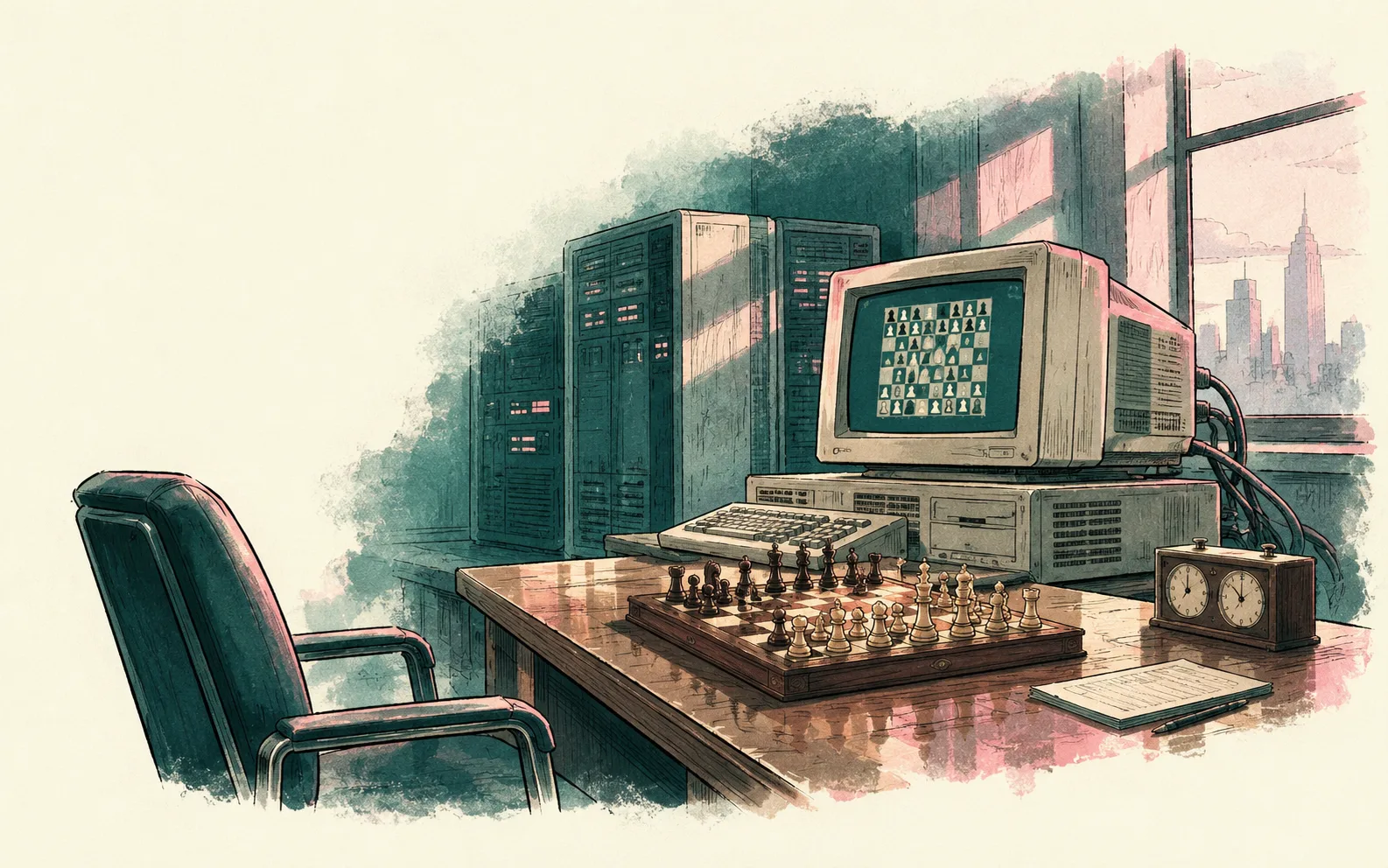 An imagined 1990s chess computer and tournament board in New York