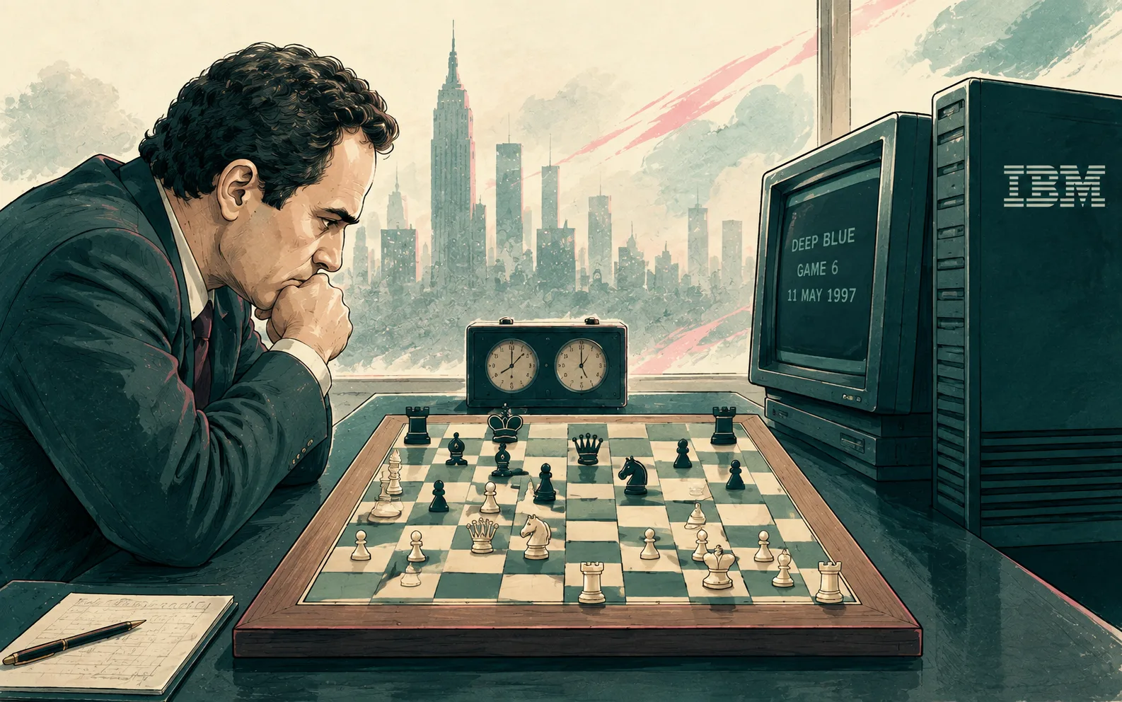 Garry Kasparov faces IBM's Deep Blue computer in the 1997 match