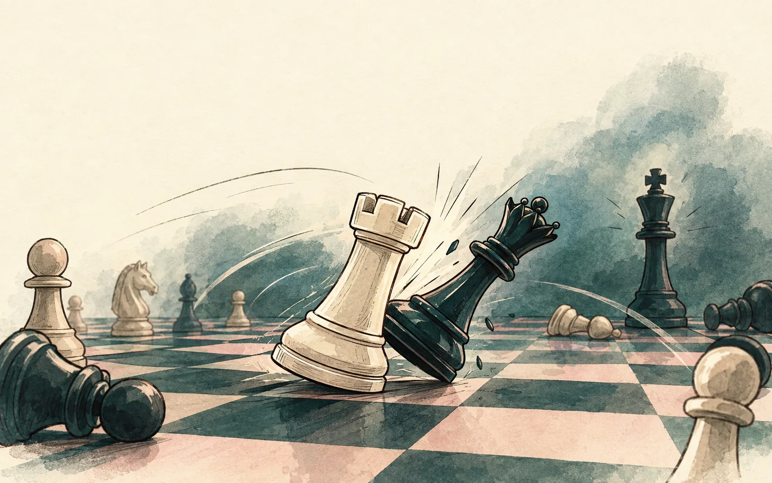 An imagined rook striking through a chess position as a queen falls
