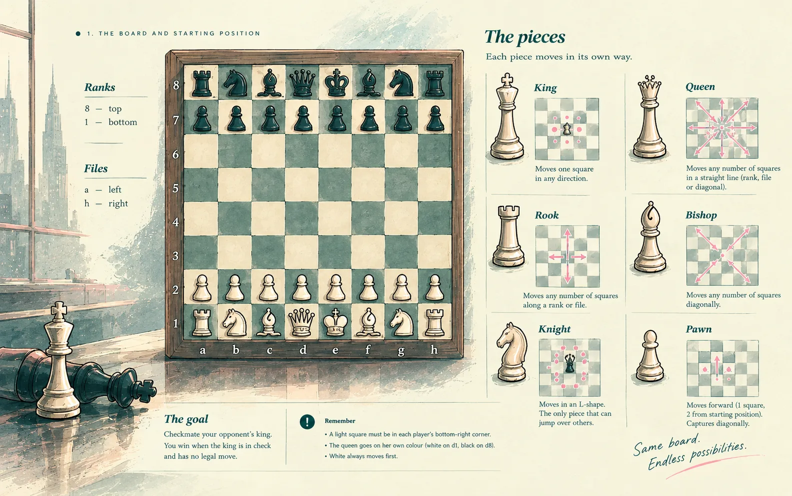 Chess piece movement diagrams for the king, queen, rook, bishop, knight and pawn