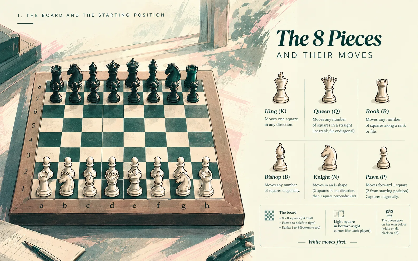 Illustrated overview of the chessboard and the eight chess pieces