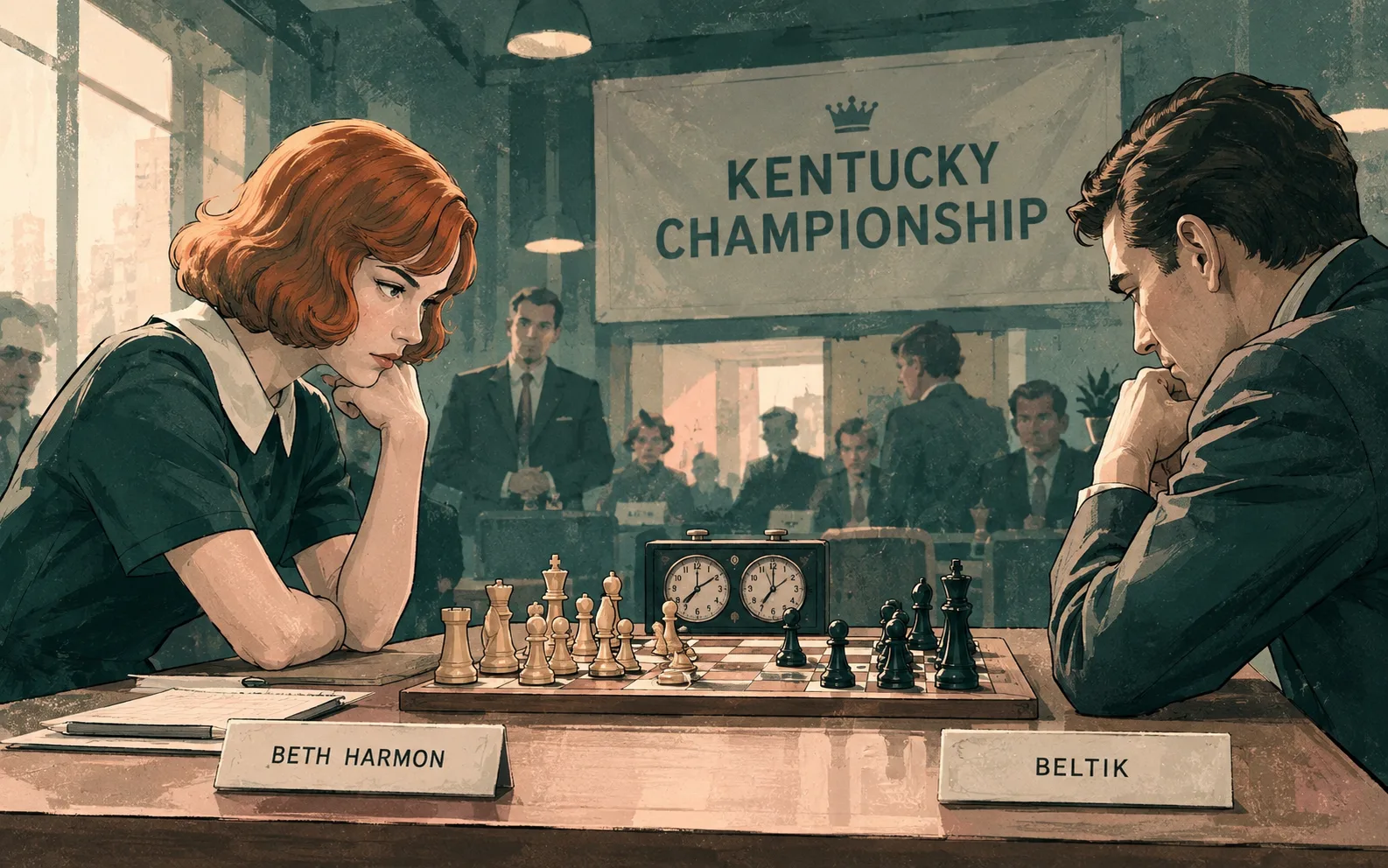 Beth and Harry Beltik face each other across a chessboard at the Kentucky championship
