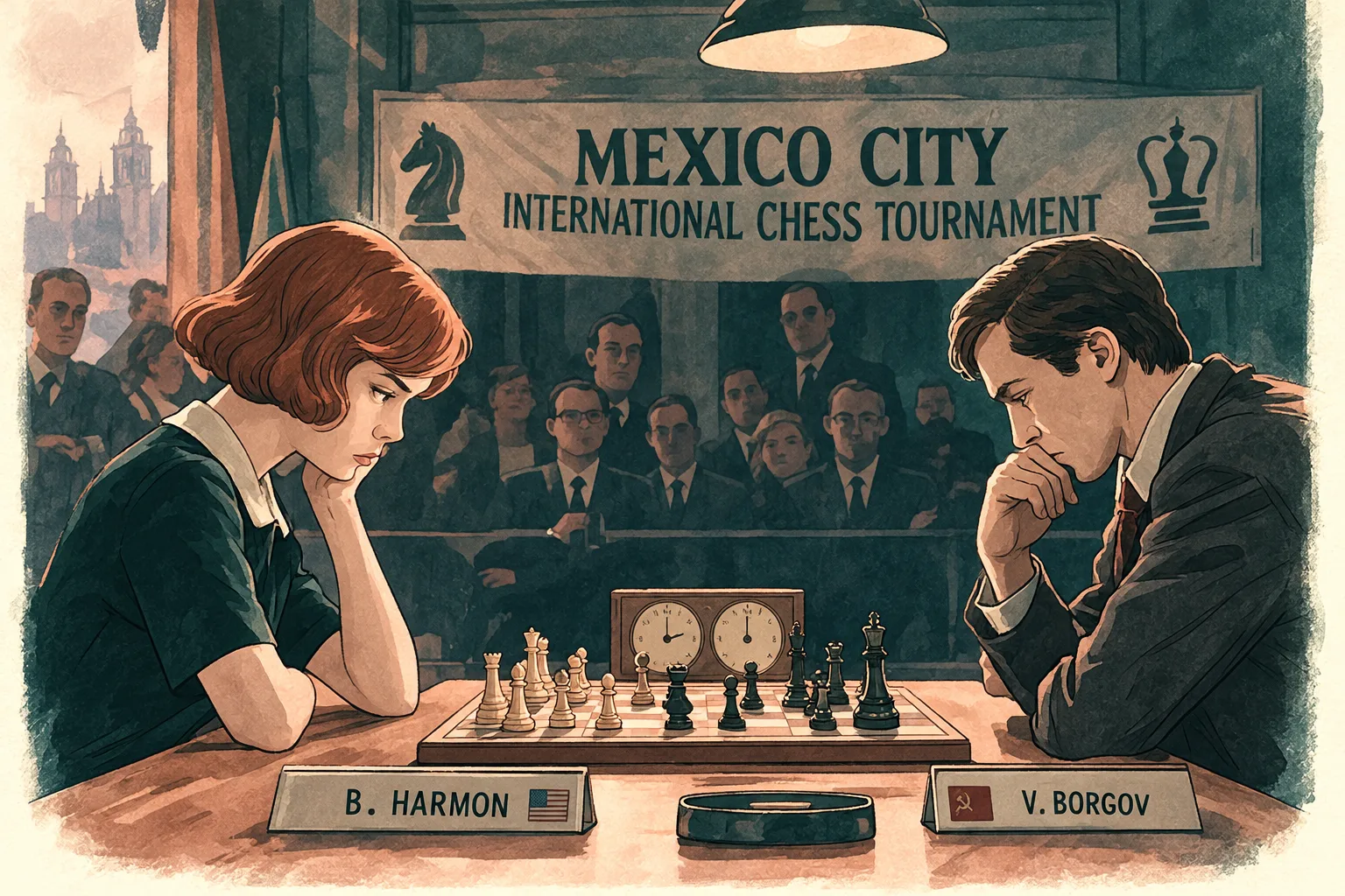 Beth faces a Soviet opponent across the board at a Mexico City chess tournament