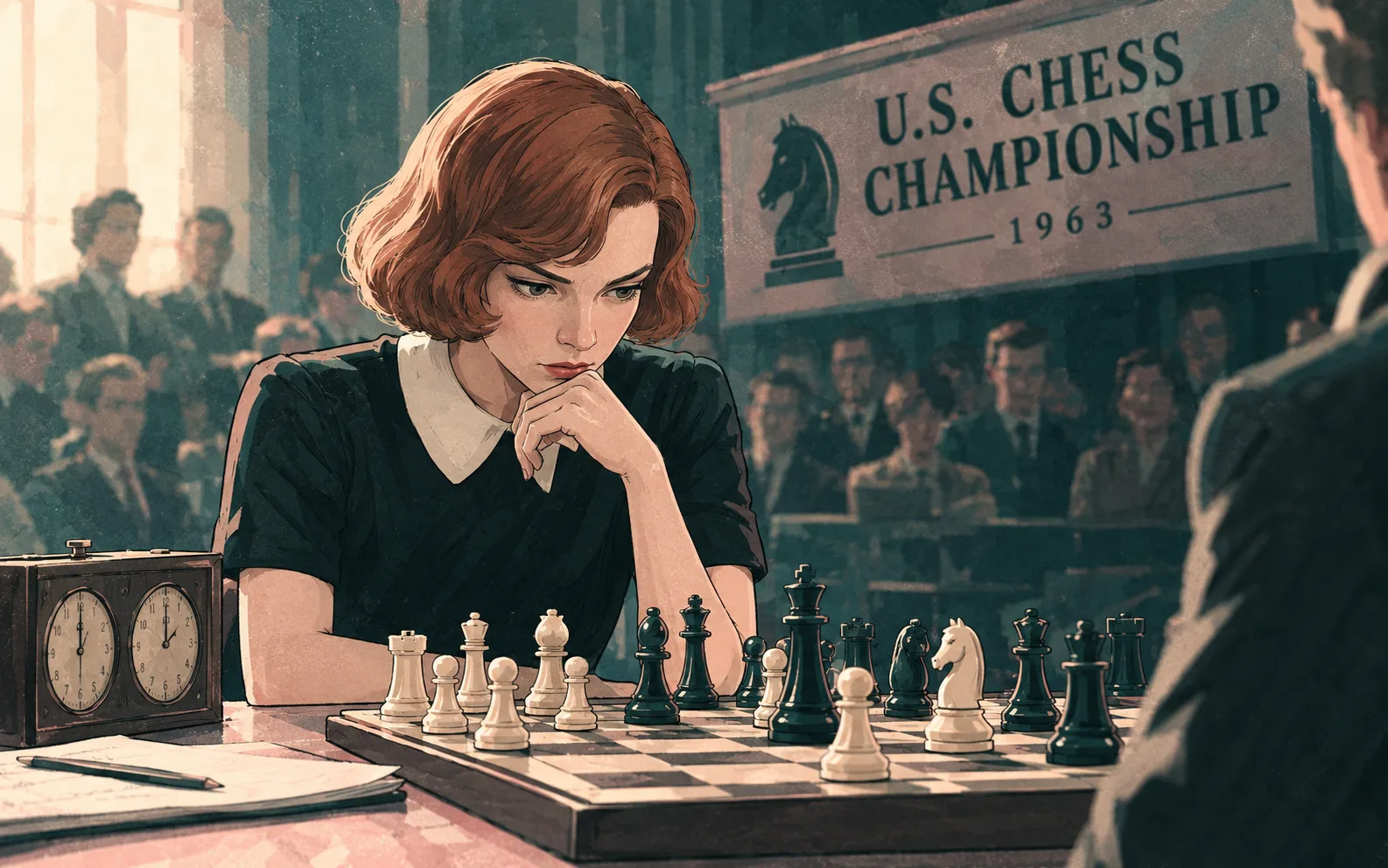 A 1960s chess tournament scene from The Queen's Gambit study