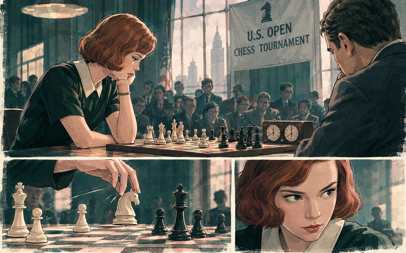 Illustrated collage of a vintage chess tournament and players studying a game